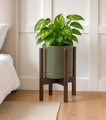 D'vine Dev Ceramic Planter with Walnut Color Stand - 8 Inch Modern Round Flower Pot with Wood Planter Holder, Olive, 55-B-Y-J - color: Olive Pot + Walnut Color Stand, size: 8 Inch