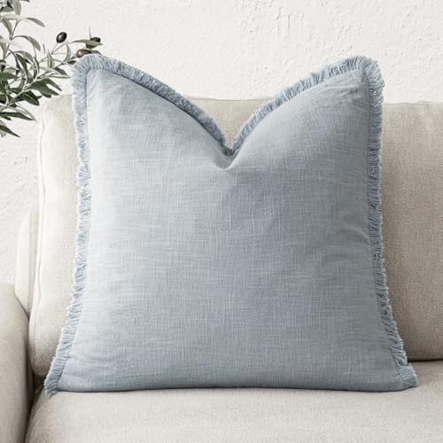 Foindtower Decorative Linen Fringe Throw Pillow Covers Cozy Boho Farmhouse Cushion Cover with Tassels Soft Accent Pillowcase for Chair Sofa Bed Living Room Home Decor, 16×16 Inch,1PC,Sky Blue - color: Sky, size: 16" x 16" (Pack of 1)