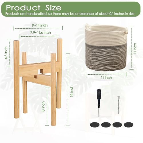 Flower Pot Rattan Plant Stand Planter with Stand, Tall Indoor Boho Woven Wicker Storage Basket with Adjustable Wood Shelf (White & Grey) - color: White & Grey