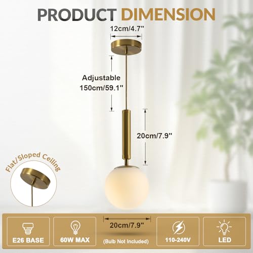 BOKT Mid Century Modern Gold Globe Pendant Light Milk White Opal Glass Pendant Light 1 Light Farmhouse Brushed Brass Mini Hanging Pendant Lights Kitchen Island for Bathroom Bedroom Hallway (Gold) - color: Gold