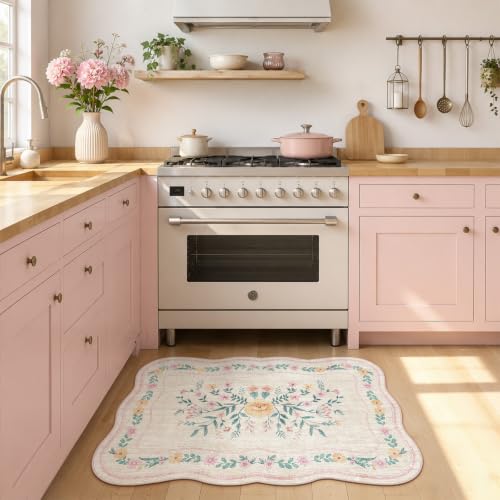 Scalloped Door Mat 2x3 Small Pink Floral Washable Entryway Rug | Soft Low Pile Non Slip Rug for Bedroom, Kitchen, Laundry Bathroom,Front Door Rug ,door mat - color: Pink Scalloped, size: 2' x 3' (Rectangular)