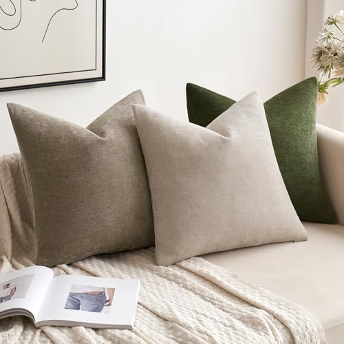 MIULEE Pack of 2 Olive Green Decorative Pillow Covers 18x18 Inch Soft Chenille Couch Spring Throw Pillows Farmhouse Cushion Covers for Home Decor Sofa Bedroom Living Room - color: Olive Green, size: 18" x 18" (Pack of 2)
