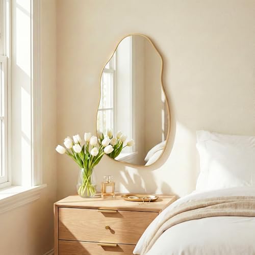 Irregular Wall Mirror 30"x16.5", Small Asymmetrical Mirror for Powder Room, Matte Gold Rust Proof Aluminum, Tempered Glass Wavy Mirror for Bedroom Makeup, Hallway & Aesthetic Room Decor - color: Gold, size: 30"L x 16.5"W