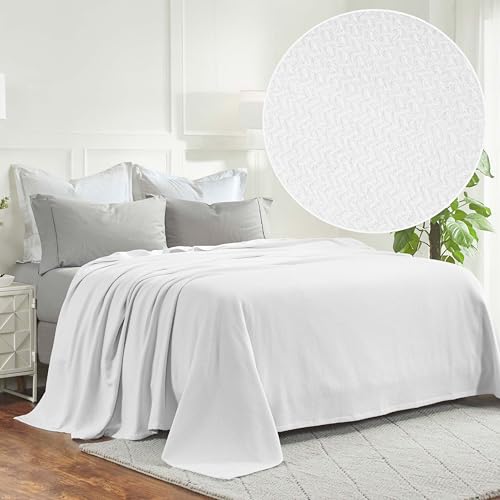 Superior Nobel Cotton Blanket, for Picnic, Beach, Traveling or Camping, Bedroom Essentials, Cover for Bed, Couch, Lounging, Textured Jacquard, Classic Chevron Woven Blanket, Full/Queen, White - color: White, size: Full/Queen