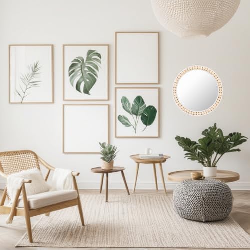 Eorbow Boho Wall Mounted Mirror, 12 Inch Round Wooden Bead Hanging Mirrors, Rustic Decorative Vanity Mirror, Farmhouse Circle Decor Mirrors for Living Room, Bedroom, Bathroom, Nursery
