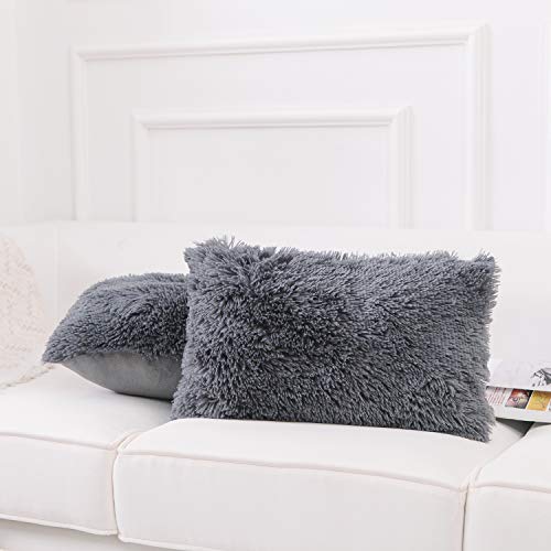 NordECO HOME Luxury Soft Faux Fur Fleece Cushion Cover Pillowcase Decorative Throw Pillows Covers, No Pillow Insert, 12" x 20" Inch, Dark Grey, 2 Pack - color: F-dark Grey, size: 20" x 12" (Pack of 2)