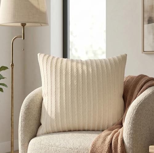 SanVia Cotton Throw Pillow Covers 20x20 – Handwoven Jacquard Texture, Fade-Resistant, No Pilling – Hidden Zipper, Decorative Cushion Cover for Sofa, Couch, Bed – Insert Not Included (Farmhouse, White) - color: Ivory Cream, size: 20" x 20"