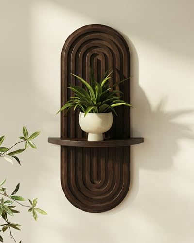 Bamworld Boho Wall Decor Brown Plant Wall Shelf, Mid Century Modern Decor Hanging Plant Shelf, 1-Tier Wooden Floating Shelves for Home, Bathroom Bedroom Living Room, Office Holding Planter - color: Walnut, size: 16.9'' Single