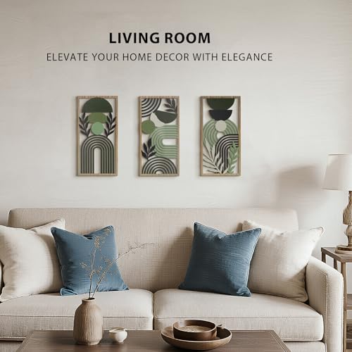 VIYYIEA Boho Solid Wood Carved Wall Art Set of 3, Geometric Minimalist Wooden Home Decor Panels, Handcrafted Solid Wood Wall Hanging for Living Room Bedroom Hallway, 16 x 8 Inch Each (Boho Green) - color: BOHO