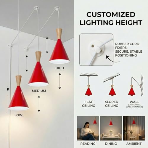 DEC LUCE DECOLUCE LIGHTING Modern Plug in Pendant Light Kitchen, Adjustable Hanging Lamps Plug into Wall Outlet for Dining Room, Bedroom, Living Room, Contemporary Wall Décor(Traffic Red) - size: funnel pendant light trafic red
