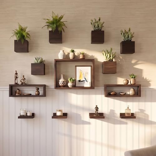 LaLaGreen Wooden Floating Shelves (13-Piece Set) Wall Mounted Plant Shelf, Planter Boxes for Indoor Plants, Decorative Wood Display Shadow Box Kitchen, Bathroom, Bedroom, Living Room, and Home Decor - size: 13-pc set