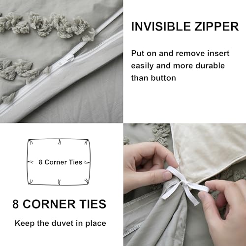 Oli Anderson Tufted Duvet Cover King Size, Soft and Lightweight Duvet Covers Set for All Seasons, 3 Pieces Boho Embroidery Shabby Chic Bedding Set (Light Grey, King, 104''x90'') - color: Light Grey, size: King(104"×90")