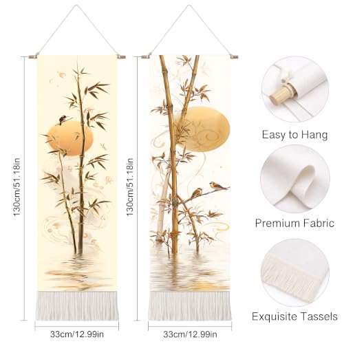 seewan 2 Pack Long Vertical Wall Tapestry, Boho Nature Landscape & Floral Aesthetic Wall Hanging for Bedroom Living Room Home Decor, Long Narrow Art Tapestry with Sunrise Mountain Botanical Designs, 13" × 51" (Bamboo Rustic Motif, 13"Wx51"H, Unframed) - c