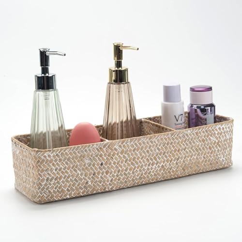 Seagrass Storage Basket for Bathroom, Wicker Toilet Basket Tank Topper, Woven Storage Box for Organizing (Whitewash, 14.6" x 4.7" x 3.1") - color: Whitewash, size: 14.6" x 4.7" x 3.1"
