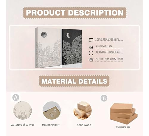 2 Pcs Modern Minimalist Boho Canvas Wall Art Neutral Black And White Abstract Sun And Moon Lines Paintings Pictures Wall Decor Poster Print Artwork for Living Room Bedroom Home Decoration - color: Black White-Canvas, size: 12x16in-Canvas