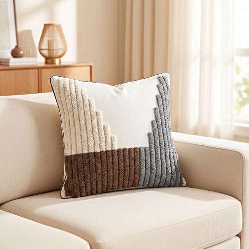 18in x 18in Geometric Tufted Pillow Cover, Neutral Gradient Stripe Cushion Case, Modern Textured Throw Pillow Sham for Sofa Bedroom Living Room, Boho Farmhouse Home Decor - color: Pastoral Style 3, size: 18" x 18" (Pack of 1)