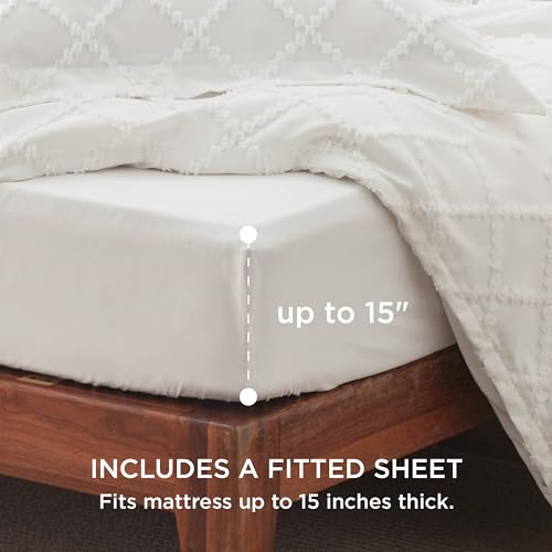 Bedsure Boho Duvet Cover King Size with Fitted Sheet - Boho Bedding Comforter Set, 4 Pieces, Includes 1 Duvet Cover 104"x90" with Zipper Closure, 2 Pillow Shams, 1 Fitted Sheet, White - color: 01 - White (No Comforter), size: King (With Fitted Sheet)
