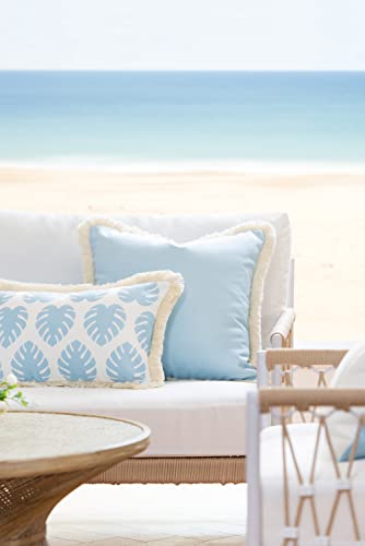 Hofdeco Premium Coastal Hampton Style Patio Indoor Outdoor Lumbar Pillow Cover Only, 12"x20" Water Resistant for Backyard, Couch, Baby Blue Monstera Leaf Fringe - color: Baby Blue Monstera Leaf, size: 12"x20" (Pack of 1)