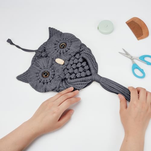 FREEBLOSS DIY Macrame Owl Kit Macrame Tapestry Wall Hanging 90m Cotton Cords Macrame Kit for Beginners with Video Tutorial Macrame Wall Art for Bedroom Decor, Gray