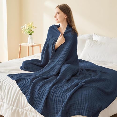 EMME Cotton Throw Blanket for Couch Soft Muslin Blankets 50"x60" Lightweight Breathable Blanket All Season Gauze, Navy - color: 05 - Navy, size: Throw (50" x 60")