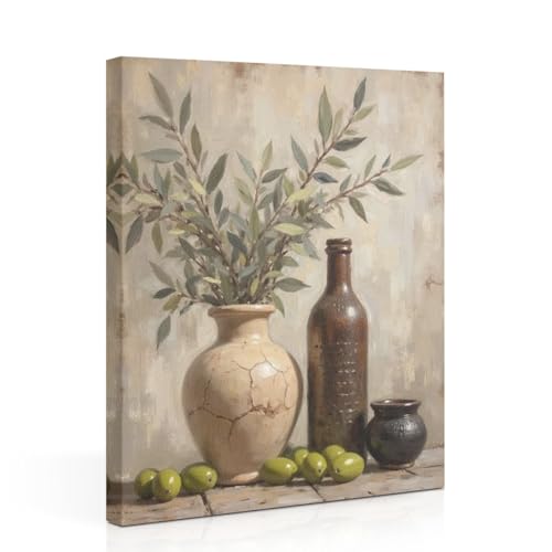 Vintage Vase Canvas Wall Art, Vintage Olive Branch Wall Decor Framed Prints for Living Room Corridor Kitchen Apartment Decor, Modern Rustic Plant Artwork, Housewarming Gifts 11.5x15 Inch - color: Multi 1376