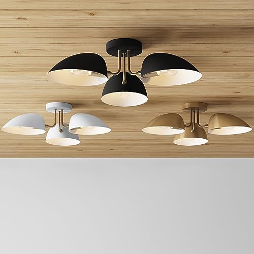 Nathan James Argo Semi Mount Flush Ceiling Light, 3-Lights Modern Retro Lighting with Black Rounded Shades for Hallway, Dining Room and Bedroom, Brass Gold/Black - color: Brass Gold/Black, size: 1
