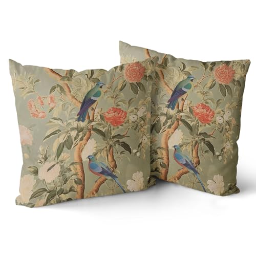 Chinoiserie Pillow Cover 18x18 Inch Brown Vintage Bird Flower Throw Pillow Covers Farmhouse Floral Decorative Pillowcase Outdoor Cotton Square Cushion Cover for Couch Sofa Bedroom Decor (Pack of 2) - color: Brown, size: 18" x 18" (Pack of 2)