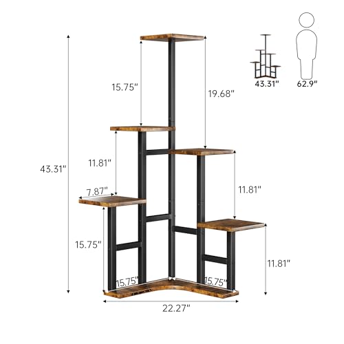 Yzosvki Corner Plant Stand Indoor with Grow Lights Set of 2, 6 Tiered Corner Plant Shelf Flower Stand for Multiple Plants, Plant Shelves Organizer Rack, Round Rustic Brown - color: Square-Rustic Brown(with Lights), size: 6 Tier-Set of 2