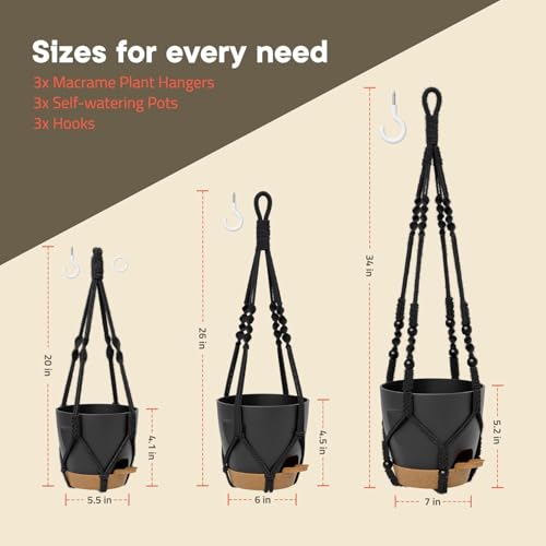 Black Hanging Self Watering Pots with Macrame Black Rope, 3 Pack Indoor & Outdoor Hanging Plant Pots with Built-in Reservoir, Wick Rope, Drainage Holes & Hooks, Stylish Boho Decor Hanging Planter - color: Black
