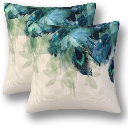 Watercolor Peacock Feather Pillow Covers 18 x 18 Set of 2 Green and Teal Throw Pillow Cover Vintage Decorative Pillowcases Farmhouse Home Decor for Couch Bed Sofa Outdoor - color: Peacock Feather