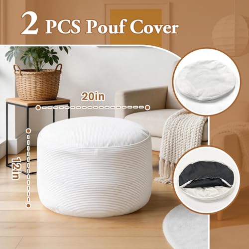 2PCS 20 * 20 * 12inch Unstuffed Ottoman Pouf Cover Unfillable Pouf Cover Foot Rest with Storage Corduroy Round Foot Stool Covers for Living Room Bedroom Home Decor,White - color: White