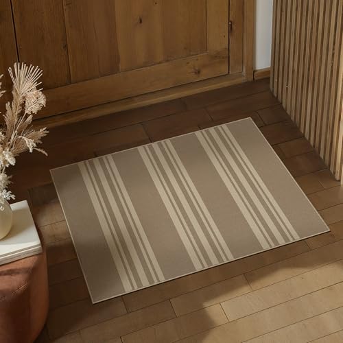 PureCozy Striped Easy Jute Rug 2x3 Khaki Entryway Carpet Washable Non Slip Door Mat Farmhouse Neutral Non Shedding Entry Small Indoor Outdoor Rug for Kitchen Bedroom Mudroom Bathroom - color: Khaki/Striped, size: 2' x 3' (Rectangular)