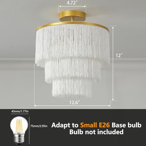 3-Tiered Boho Chandelier with Metal and White Fringe,3 Lights Fringe Pendant Light Fixture,Tassle Chandelier for entryway,Dining Room,Baby Nursery,Gold and White - color: 3-Tiered-White
