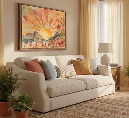 Framed Boho Sun Canvas Wall art Mid-Century Modern Abstract Bohemian Sunset in The Mountains Watercolor Wildflowers Sunrise Landscape Picture Wall Decor Poster Print Artwork for Living Room - color: Framed, size: 16"L x 12"W