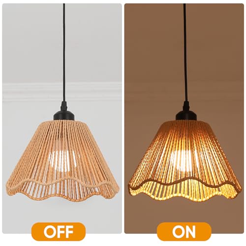 Boho Battery Operated Pendant Lights,Rechargeable Pendant Light with Remote,Rattan Pendant Light Fixtures for Kitchen Island,Boho Hanging Lights for Dining Room Bedroom Hallway Entryway(2 Pack) - size: 9.05 in