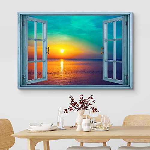 wall26 Canvas Print Wall Art Window View Teal Orange Sunset Over Tropical Ocean Wilderness Nature Photography Realism Scenic Landscape Colorful Multicolor for Living Room, Bedroom, Office - 12"x18" - color: A40-2204-irs17, size: 18"L x 12"W