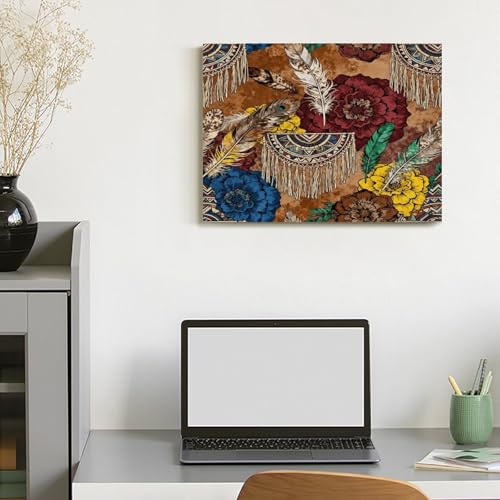 Boho Feather Fringe Art Wall Art Decor Framed 16x12 Inch, Wall Decor Poster for Bedroom Living Room Office Decor (Wooden Inner Frame) - size: 16"L x 12"W