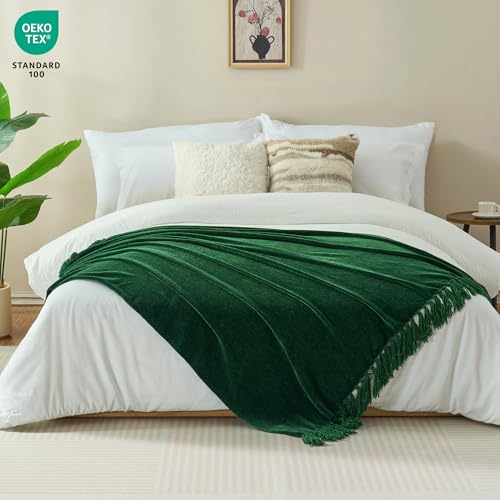 Chenille Throw Blanket for Couch with Tassels,50"X60" Soft Cozy Lightweight Knitted Boho Decorative Blankets for Bed and Sofa,Dark Green - color: Dark Green, size: 50"x60"