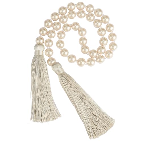34 Inch Pearl Glass Bead Garland with Tassels - Elegant Boho Table Decor, Fringe Wall Hanging for Wedding, Party, Farmhouse Rustic Prayer Bead Home Decoration(1 Pack,Off White) - color: Off White, size: 1 Pack