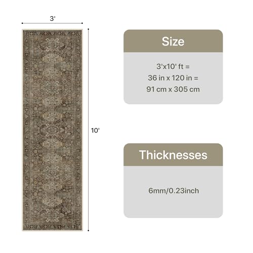 Bavni Washable Runner Rug 3x10, Non Slip Hallway Rug, Vintage Aesthetic Thin Low Pile Washable Carpet for Kitchen Bedroom Entryway, Brown - color: Brown, size: 3' x 10' (Rectangular)