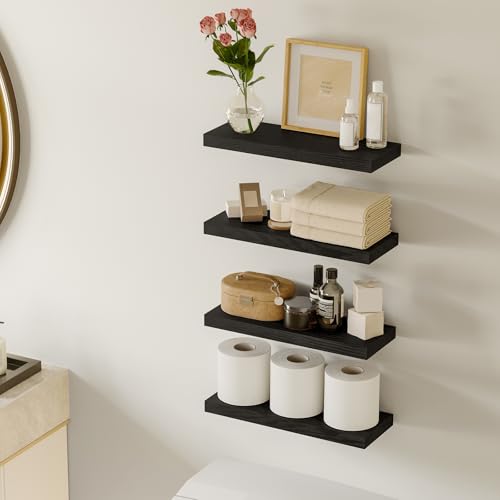 Fixwal Black Floating Shelves for Wall, Rustic Wood Shelves for Bathroom, Living Room, Bedroom and Kitchen, Wall Shelves for Storage, Books, Room Decor (Set of 4, 15.7 Inch) - color: Black, size: 15.7in