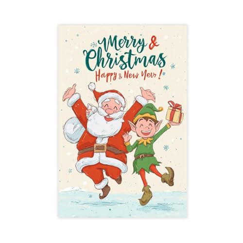 JDBeehpy Merry Christmas & Happy New Year Wall Art Poster Santa Claus and Elf Frameless Canvas Print Painting Lively Cheerful Home Decor Mural 08x12inch(20x30cm) - color: Elf Unframe, size: 12L" x 8W"