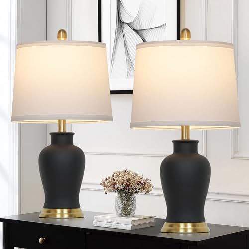 23" Modern Black Ceramic Table Lamps Set of 2, Farmhouse Table Lamps for Living Room, Classic Bedside Lamp with Ginger Jar Design, Elegant Bedroom Lamp for Night stand Desk Side End Table Home Decor - color: Black