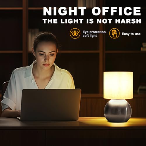 Modern Silvery Small Table Lamp with Cotton Linen Shade, 6.2×6.2×10.4 inch LED Desk Light, One-Button Switch for Bedroom, Living Room, Nightstand, Includes Warm Light Bulb - color: Silvery, size: Pack of 1