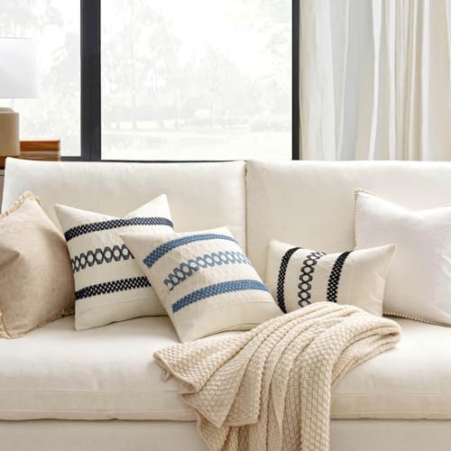 MIULEE Set of 2 Coastal Blue Boho Decorative Lumbar Pillow Covers 12x20 Inch Farmhouse Rustic Couch Throw Pillows Modern Summer Cushion Covers Retro Cute Macrame Woven Spring Decor for Bed Sofa Chair - color: Blue, size: 20" x 12" (Pack of 2)