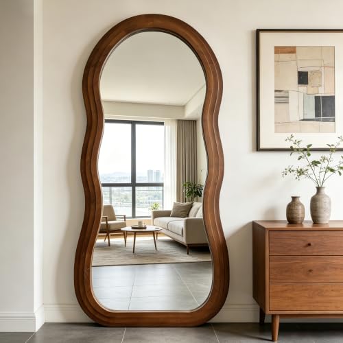 Wavy Full Length Mirror, 67"x31.5" Organic Floor Mirror with Triple-Layer Solid Wood Frame, Large Irregular Aesthetic Mirrors for Entryway Hallway Living Room, Leaning/Wall-Mounted - color: Walnut Wavy Frame, size: 67"L x 31.5"W