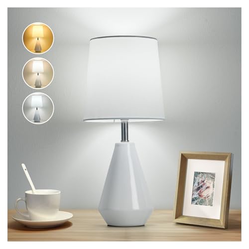 Small Bedside Table Lamp for Bedroom - Reading Desk Lamp with 3 Color Temperatures，15.5" Nightstand Ceramic Lamp with Fabric Shade for Kids Room,Living Room,Dorm,Home Office (White) - color: Milky White, size: 15.5"