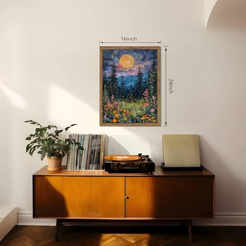 Framed Nature Forest Canvas Wall Art, Full Moon above Wildflowers and Woodland Painting, Midnight Floral Trees Art Print, Farmhouse Nature Wall Decor for Bedroom Living Room 16x24 inch - color: Ink Landscape Painting, size: 24"L x 16"W