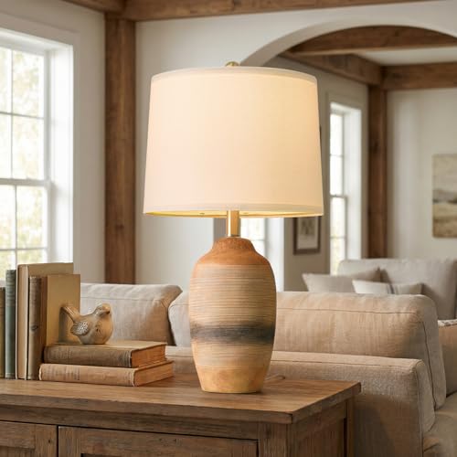 24.5" Handcrafted Ceramic Table Lamp with 5FT Cord, Single Farmhouse Vintage Rustic Bedside Lamp for Living Room Bedroom, Linen Shade Nightstand End Table Decor (Bulb Not Included)Earthy Yellow - color: 24.5" Earthy Yellow