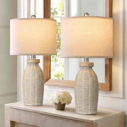 22.75" Table Lamps for Living Room Small Lamps for Bedroom Bedside Lamps Set of 2 Boho Lamps for Night Stands Nightstand Lamp Farmhouse Vintage Rustic Modern Side End Table Lamp Light Home Deco Gifts - color: Grayish White & Wood Accents